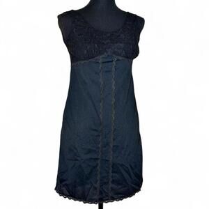 vintage black lace trim mini slip babydoll dress with button back closure